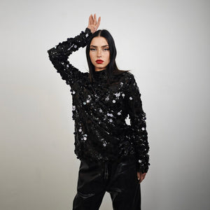 Long sleeve sequin embellished mesh top black body hugging luxury embroidered t-shirt luminous going out fancy dress jumper party pullover