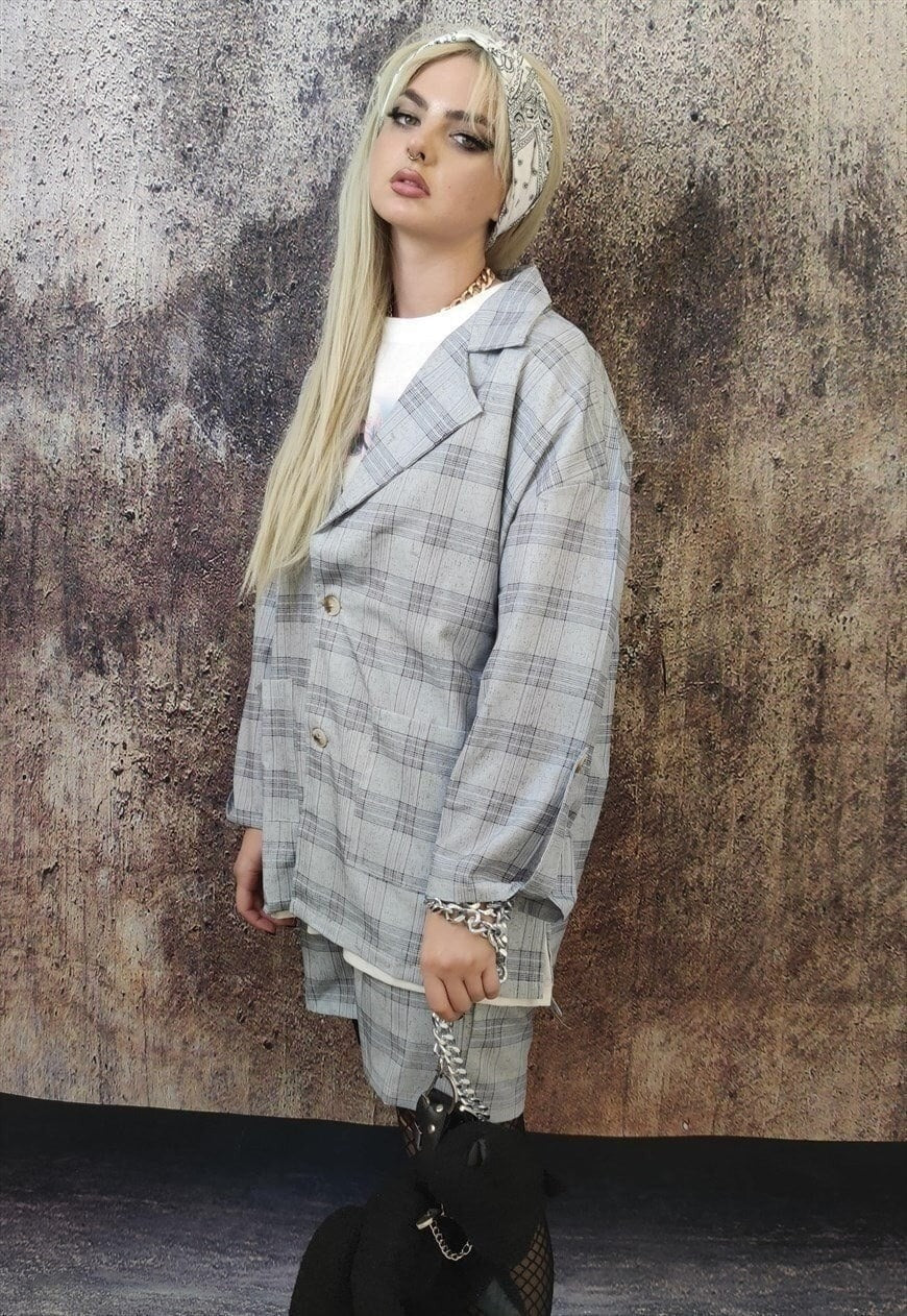 Plaid check sports suit casual loose fit shorts blazer set