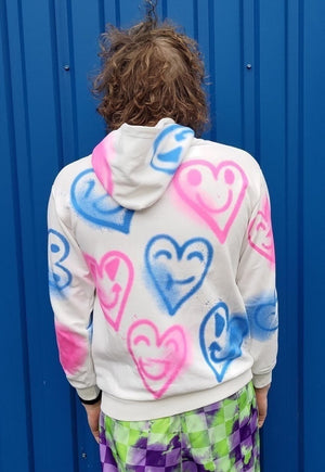 Graffiti heart hoodie hand painted love rave pullover white