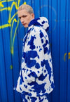 Cow fleece coat handmade 2 in 1 animal print jacket in blue