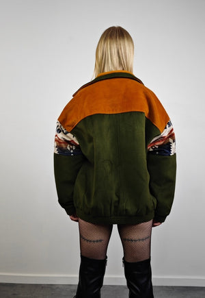 Native varsity jacket green suede feel retro Aztec bomber