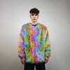 Rainbow faux fur jacket collarless tropical coat bright raver bomber fluffy carnival fleece luminous festival pullover burning man overcoat