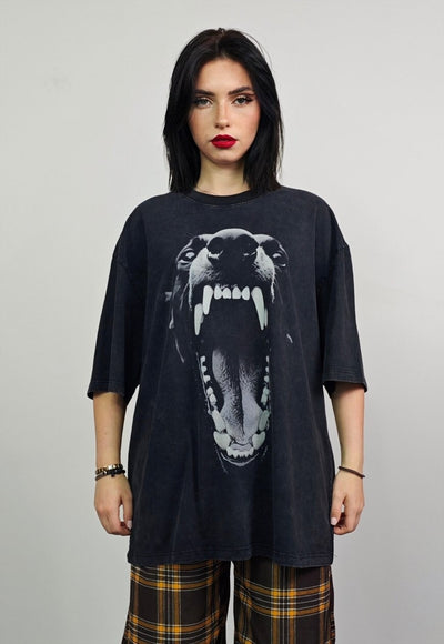 Angry dog t-shirt fang print tee retro punk top vintage grey