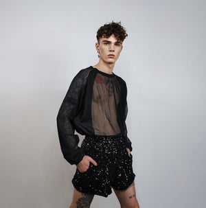 Silver sequin shorts glitter pants sparkle elastic waist party trousers glam rock short joggers embellished bottoms in grey metallic