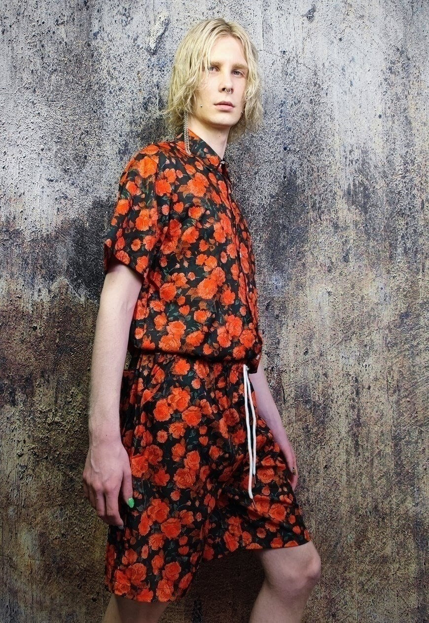 Rose shorts floral print crop board overalls in red black