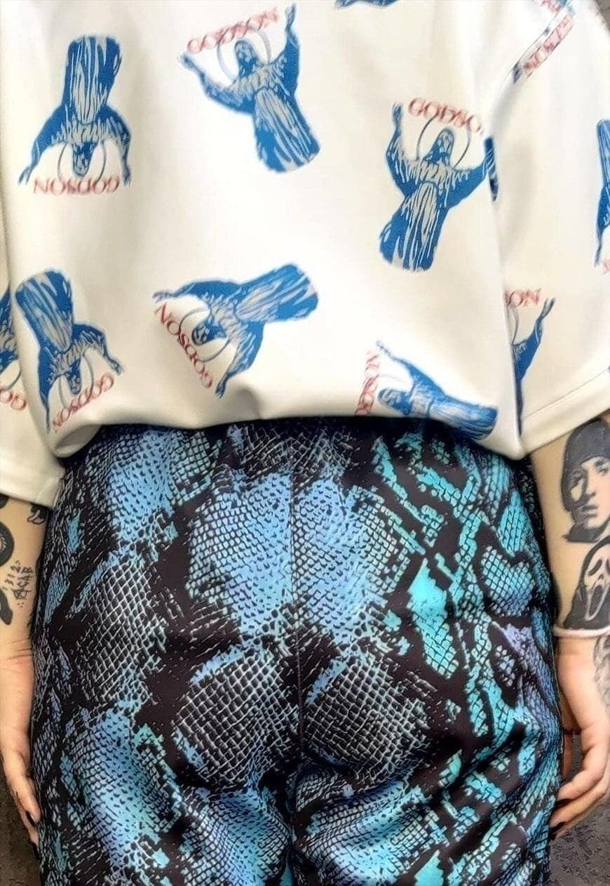 Snake print shorts handmade python overalls in tie-dye blue