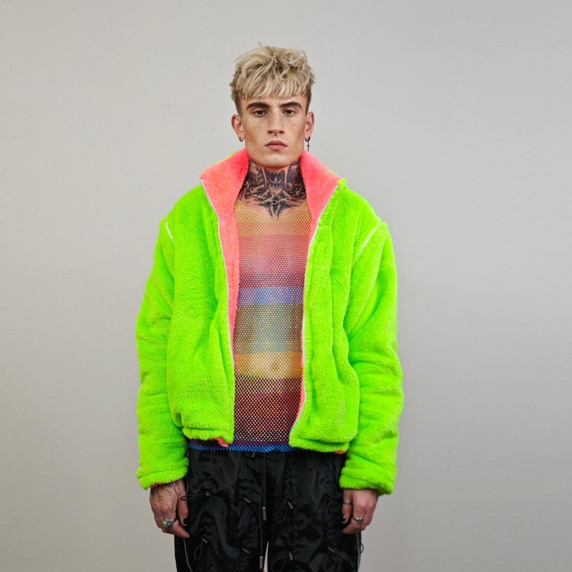 Neon green fleece rave jacket reversible fluorescent hooded party bomber fluffy coat detachable sleeve two sided overcoat fuzzy festival set