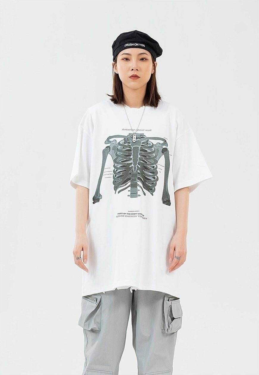 Skeleton bones print t-shirt anatomy tee Gothic top in white