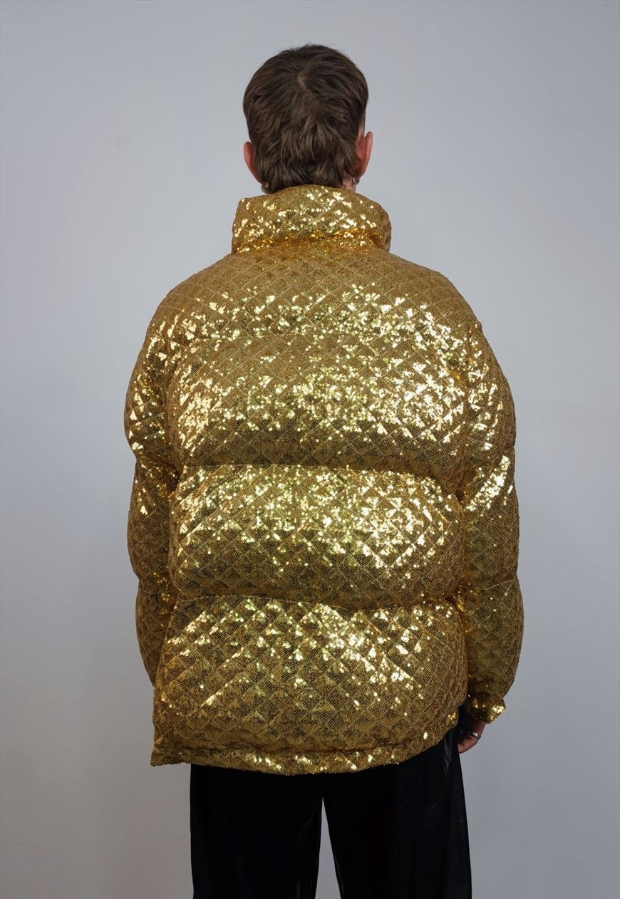Sequin bomber jacket gold metallic embellished party puffer