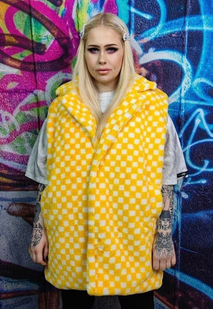 Chequerboard fleece jacket handmade 2 in 1 check coat yellow