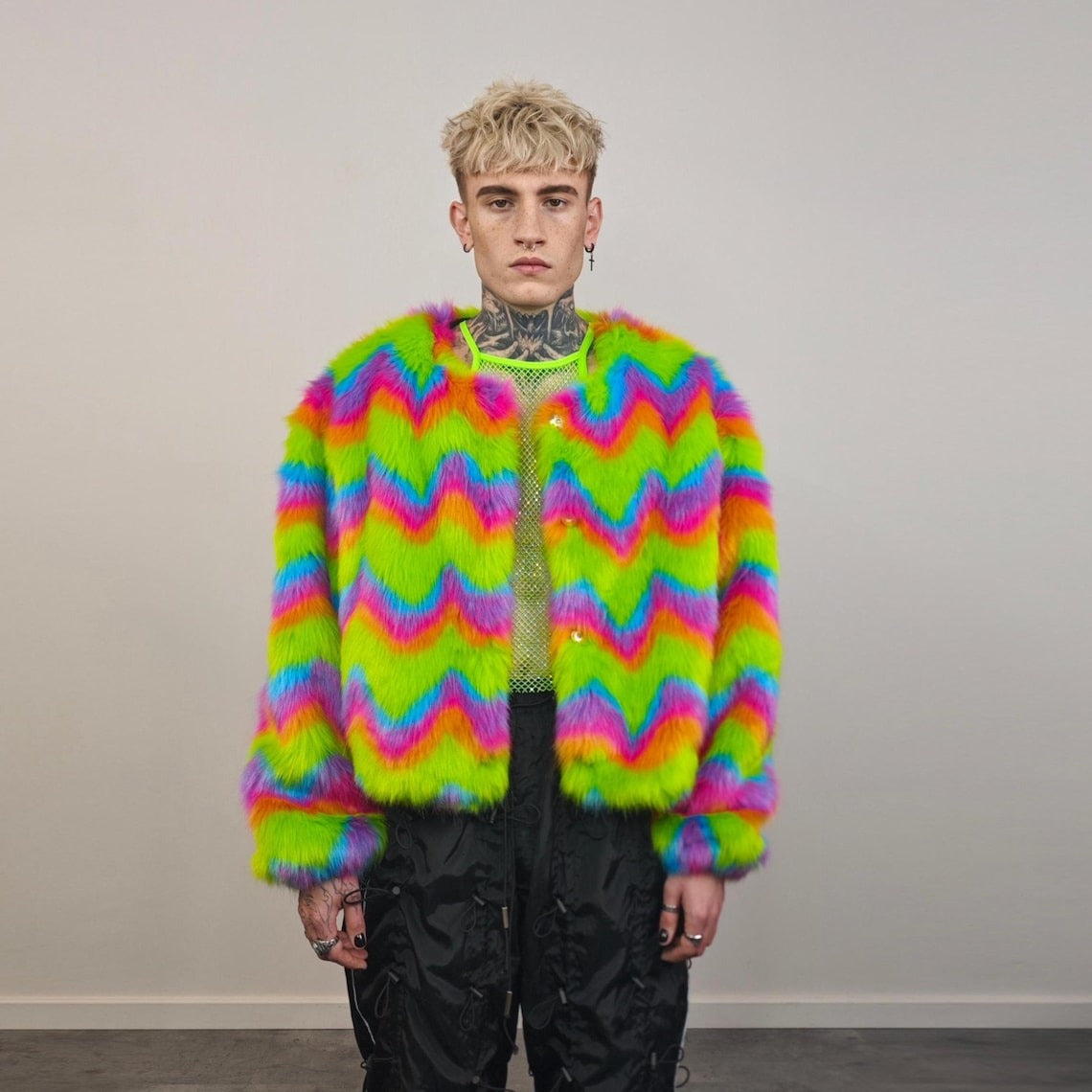Rainbow faux fur coat short striped collarless jacket unicorn trench fluffy detachable sleeves handmade festival overcoat burning man fleece