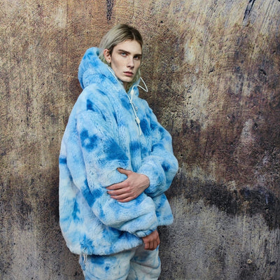 Tie-dye fleece jacket handmade pastel faux fur coat rave jacket premium fluffy 2 in 1 hooded festival bomber detachable puffer in sky blue