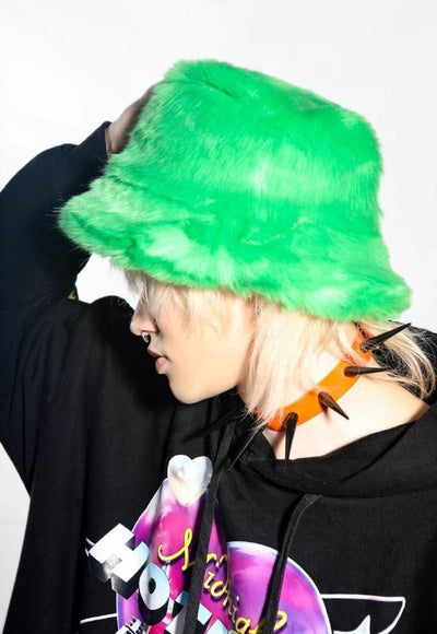 Festival faux fur bucket hat fluffy neon hat rave cap green