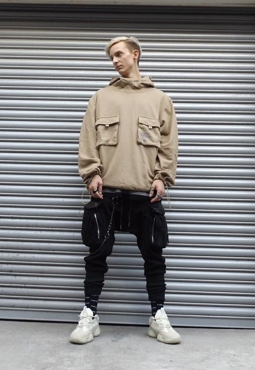Oversize cargo pocket jumper high neck slogan hoodie cream