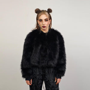 Black faux fur bomber short fluffy college bomber cropped varsity jacket gothic coat fluffy detachable sleeves festival overcoat rave fleece