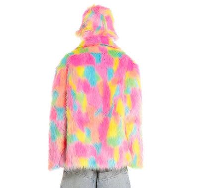 Rainbow shaggy faux fur jacket unicorn raver bomber fluffy festival coat party fleece bomber neon burning man coat in bright pink blue