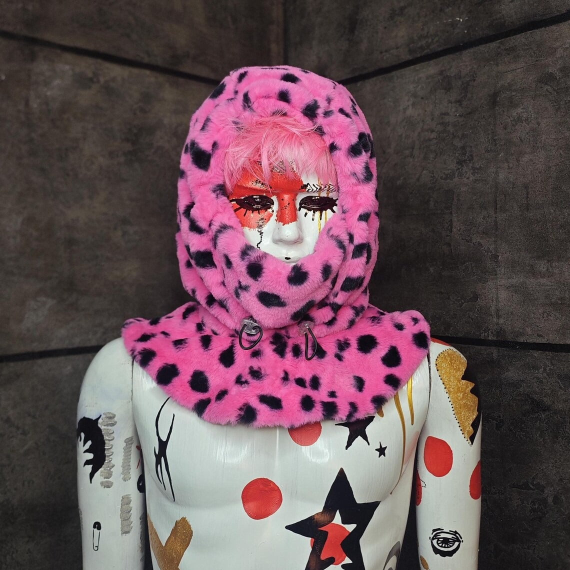 Faux fur hood pink orange snood handmade hooded hat luminous cap all over fluffy fleece scarf unisex bucket grunge winter festival headwear