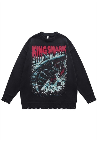 Shark print sweater scary jumper ripped knitted top in grey