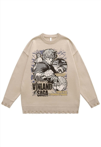 Vinland Saga sweater anime knit distressed Manga jumper grey