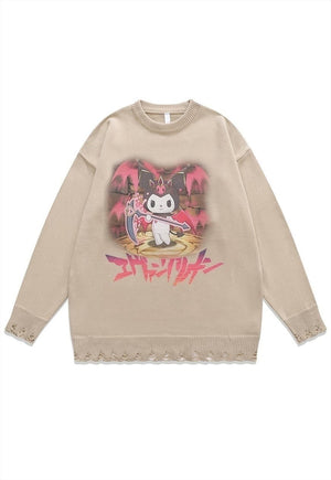 Anime sweater Manga knit distressed Japanese jumper in black