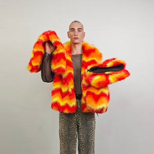 Faux fur skirt orange psychedelic midi fluffy fleece dress geometric flame bottoms carnival skirt elasticated waist burning man rave skirt