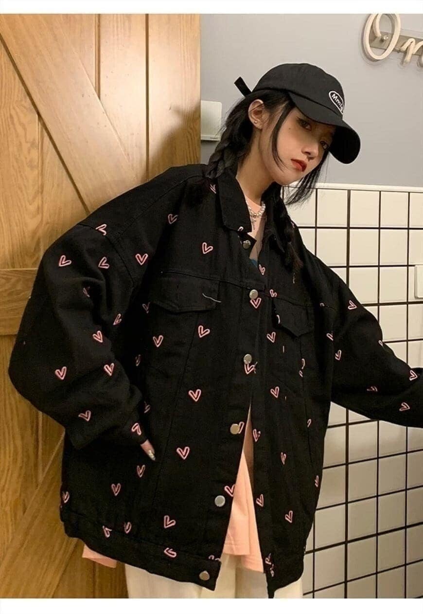 Heart embroidered denim jacket Love jean blazer in black