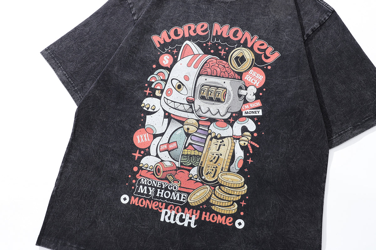 Maneki neko t-shirt money manifestation tee Y2k cat cartoon top in vintage grey