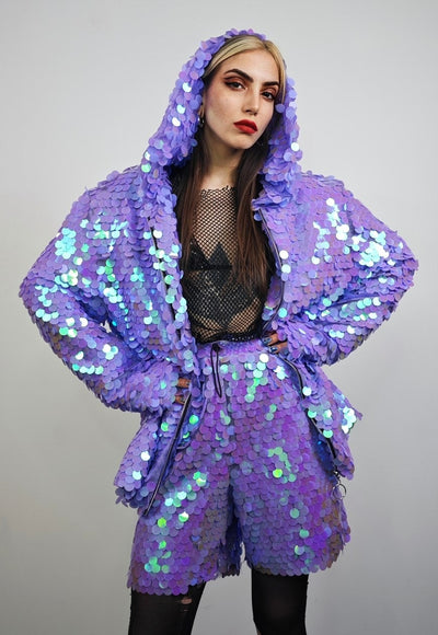 Purple sequin jacket hooded mermaid bomber holographic