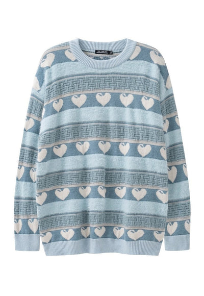 Heart print sweater preppy jumper knitted love top in grey