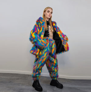 Hooded faux fur psychedelic jacket 70s bomber neon raver coat fluffy tie-dye fleece festival trench burning man going out overcoat blue pink