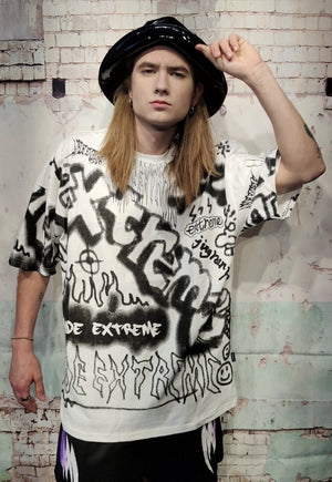 Graffiti print tee Extreme slogan t-shirt paint splatter top