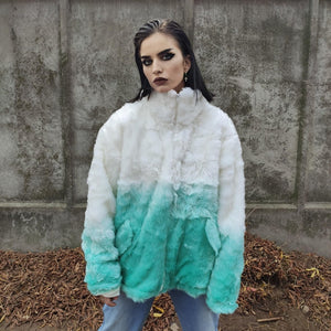 Gradient faux fur jacket tie-dye fluffy bomber festival varsity jacket raised neck fleece coat high fashion Autumn Winter coat white green