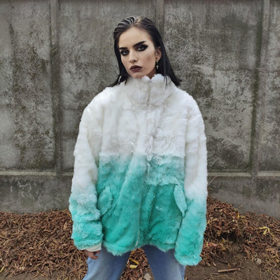 Gradient faux fur jacket tie-dye fluffy bomber festival varsity jacket raised neck fleece coat high fashion Autumn Winter coat white green