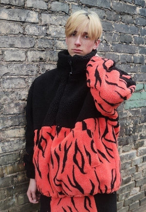 Grunge fleece bomber handmade warm zebra jacket in orange