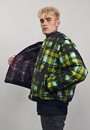 Tie-dye check varsity jacket green tartan reversible bomber