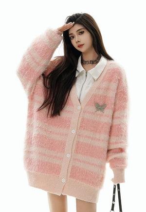 Striped cardigan fluffy jumper soft geometric pullover pink