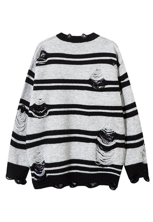 Horizontal stripe sweater ripped punk jumper Gothic top