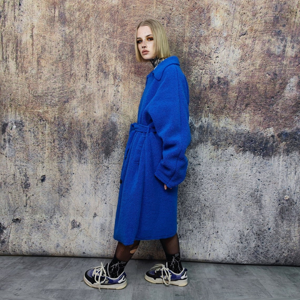 Cobalt blue fleece coat neon trench double breasted festival jacket going our rave mac fluffy preppy overcoat Smurf poncho in bright blue