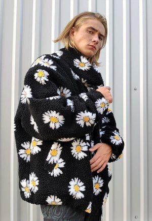 Daisy print fleece jacket handmade sunflower bomber in black