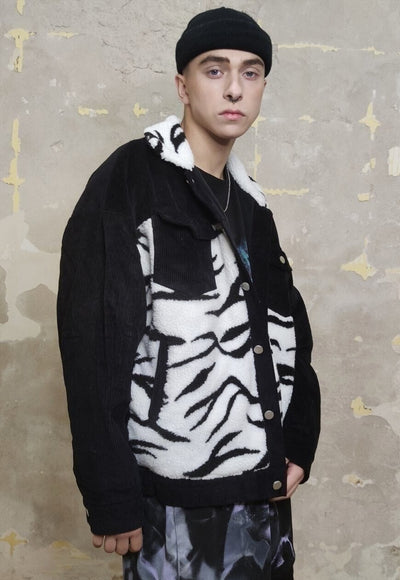 Reworked animal print jacket zebra fleece patch bomber black