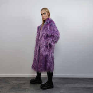 Shaggy faux fur lavender coat long neon trench bright raver bomber fluffy winter fleece luminous festival jacket burning man overcoat purple