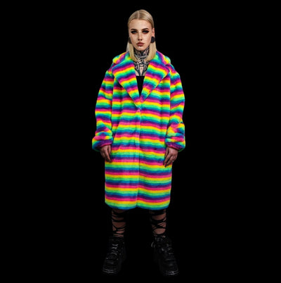 Rainbow coat hooded Gay pride trench striped rave bomber detachable fleece fluorescent festival bomber removable sleeves burning man jacket