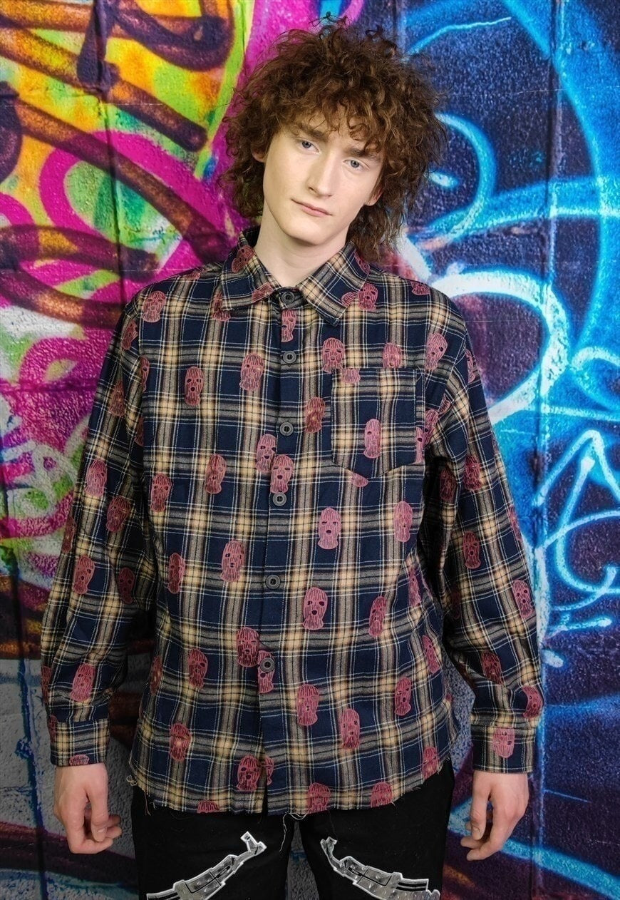 Balaclava patch shirt tartan check top in brown blue