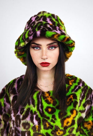 Leopard faux fur bucket green neon animal print festival cap