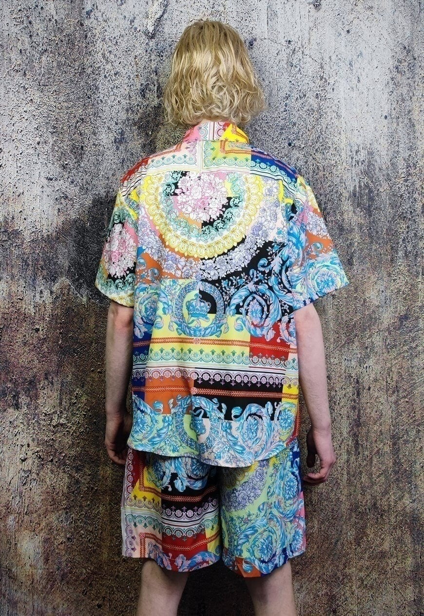 Fluorescent sports set floral pattern shirt & shorts combo