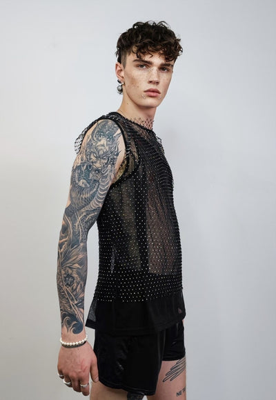 Netted mesh vest diamante transparent glitter tank top black