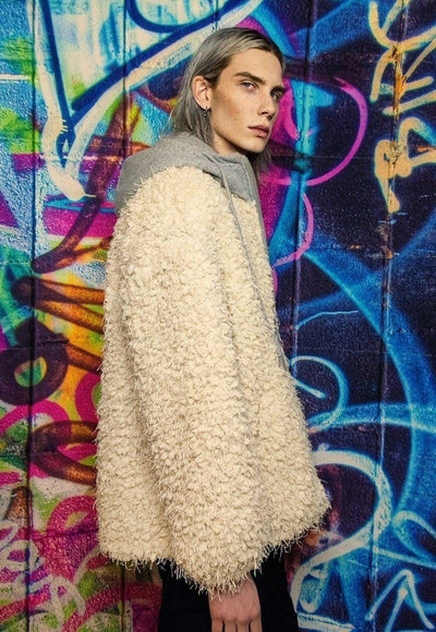 Fluffy fleece jacket faux fur 90s hooded bomber in cream