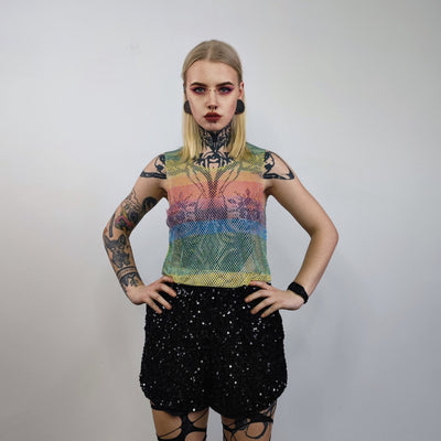 Sparkly mesh top Rainbow vest embellished Gay sleeveless