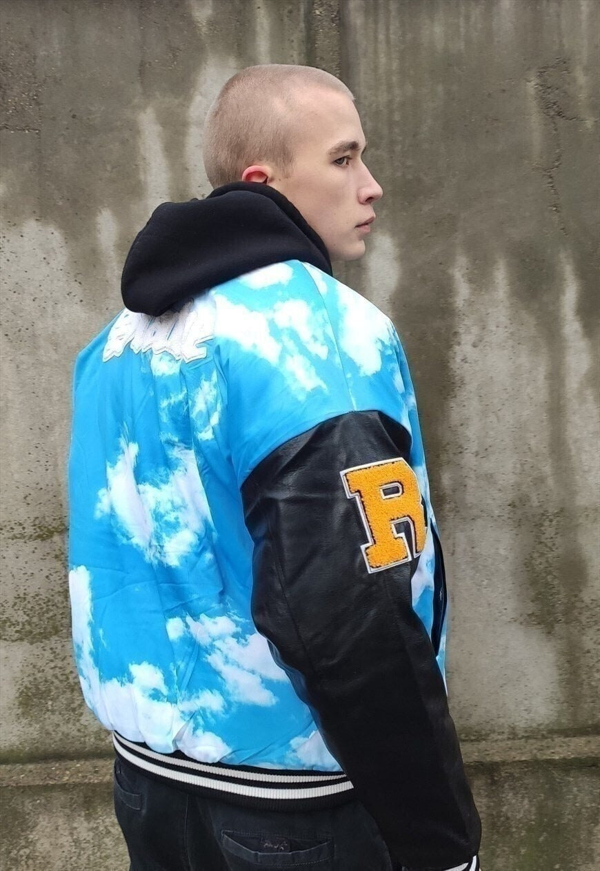 Clouds varsity bomber sky faux leather sleeves jacket blue