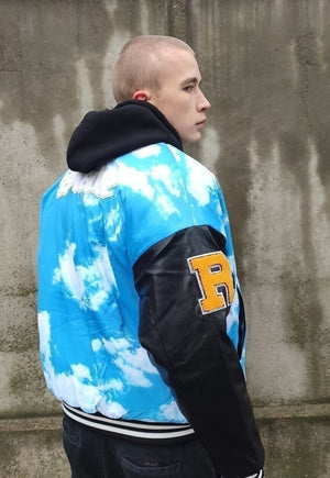 Clouds varsity bomber sky faux leather sleeves jacket blue